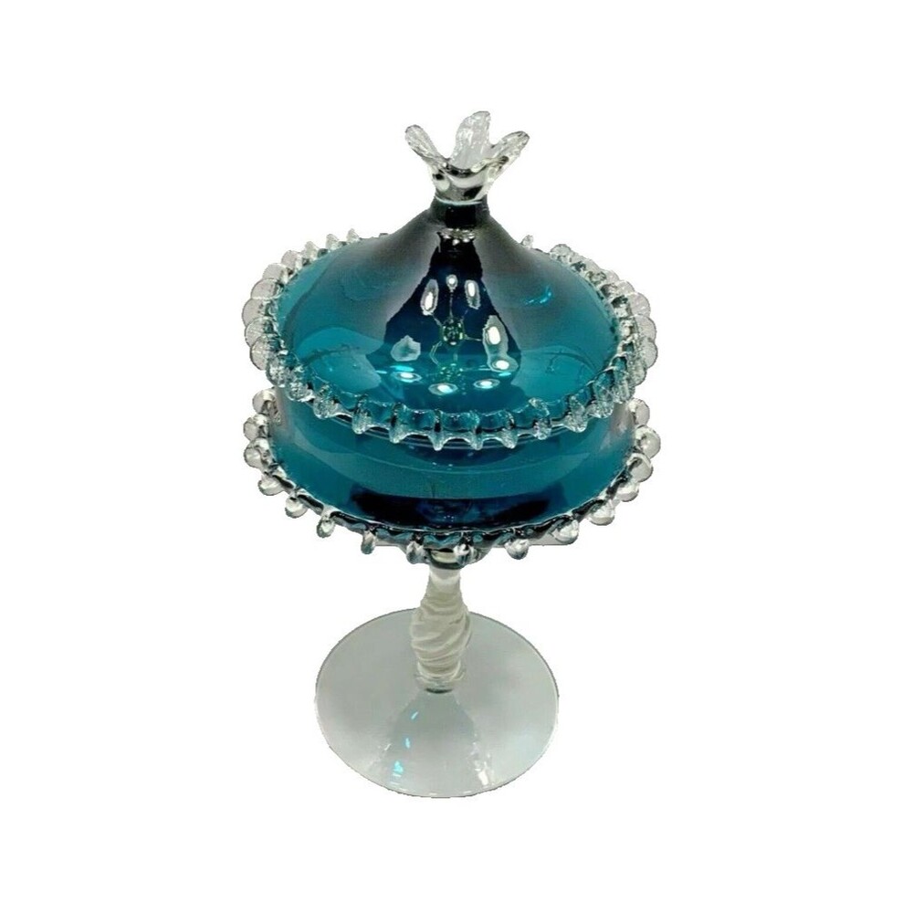 Vintage Empoli Murano Italian Art Glass Lidded Peacock Blue Candy Compote Rish